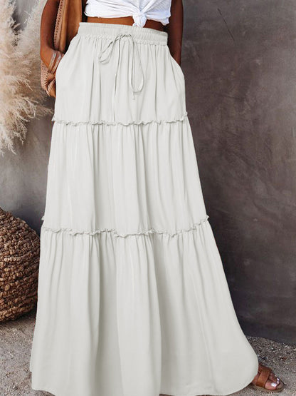 Women's Layered High Waist Elastic Lace-up Skirt With Wooden Ears - X2-Shopping