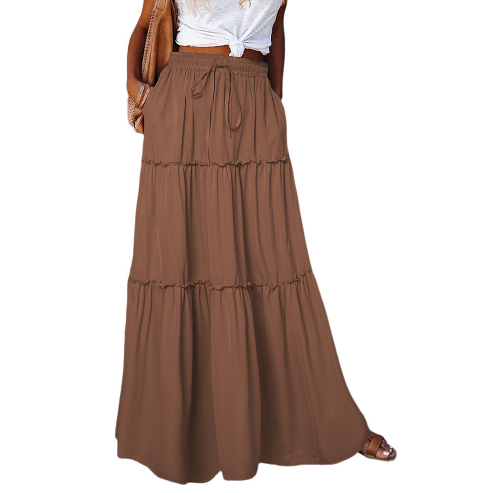 Women's Layered High Waist Elastic Lace-up Skirt With Wooden Ears - X2-Shopping