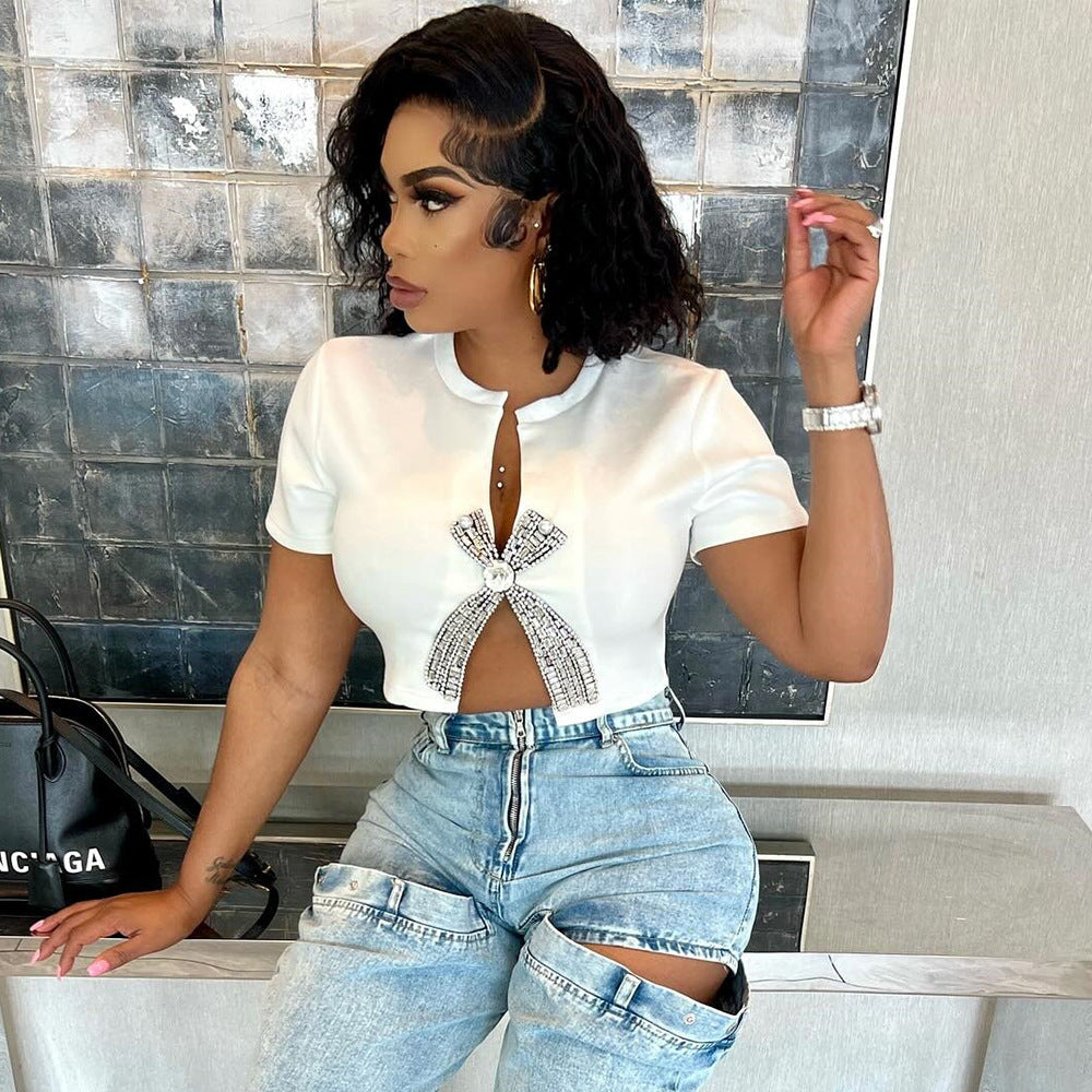 Women's Open-navel Split Rhinestone European And American Top T-shirt