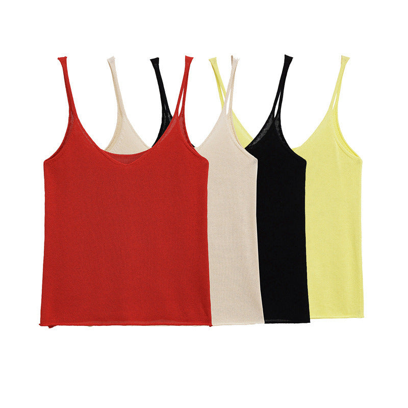 Pure Desire European And American Sexy Style Solid Color Spaghetti Straps Knitted Top