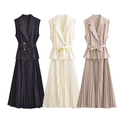 European And American Double Breasted With Belt Vest Pleated Skirt Dress