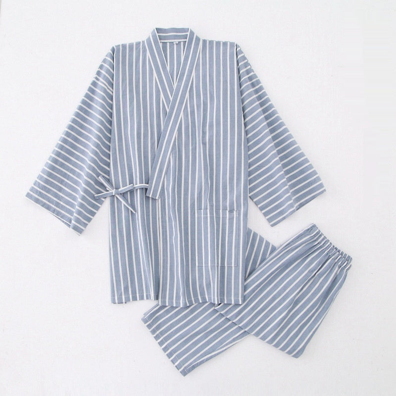 Gewaschener Pyjama-Anzug aus Baumwolle, dünn gestreift, japanischer Kimono-Hose für Herren und Damen, Homewear-Anzug