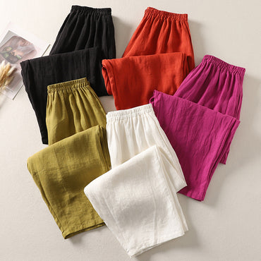 Cotton And Linen Casual Elastic Waist Loose Cropped Pants