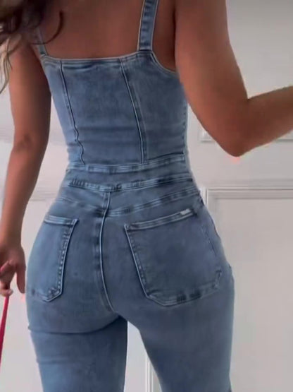 Sleeveless Paneled Zipper Denim Jumpsuit - X2-Shopping