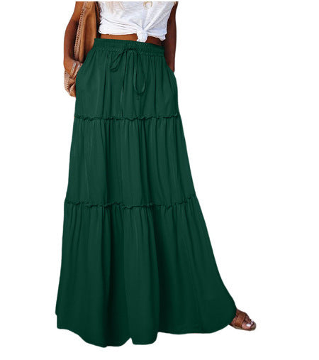 Women's Layered High Waist Elastic Lace-up Skirt With Wooden Ears - X2-Shopping