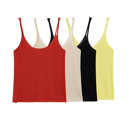 Pure Desire European And American Sexy Style Solid Color Spaghetti Straps Knitted Top