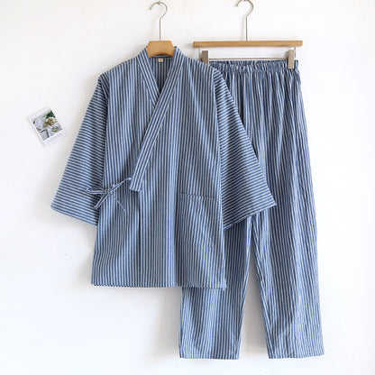Gewaschener Pyjama-Anzug aus Baumwolle, dünn gestreift, japanischer Kimono-Hose für Herren und Damen, Homewear-Anzug