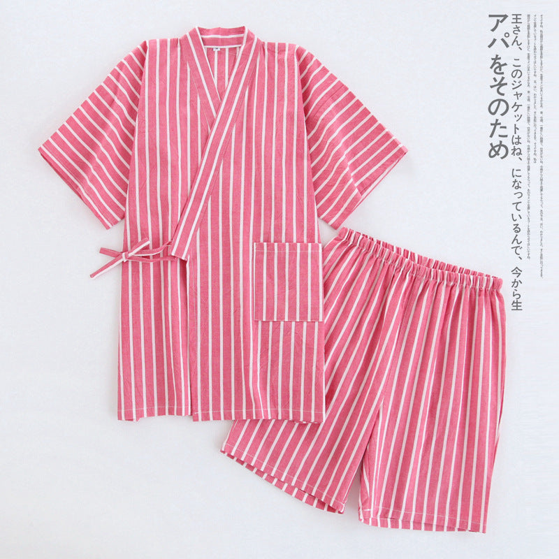 Gewaschener Pyjama-Anzug aus Baumwolle, dünn gestreift, japanischer Kimono-Hose für Herren und Damen, Homewear-Anzug