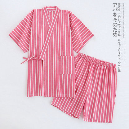 Gewaschener Pyjama-Anzug aus Baumwolle, dünn gestreift, japanischer Kimono-Hose für Herren und Damen, Homewear-Anzug