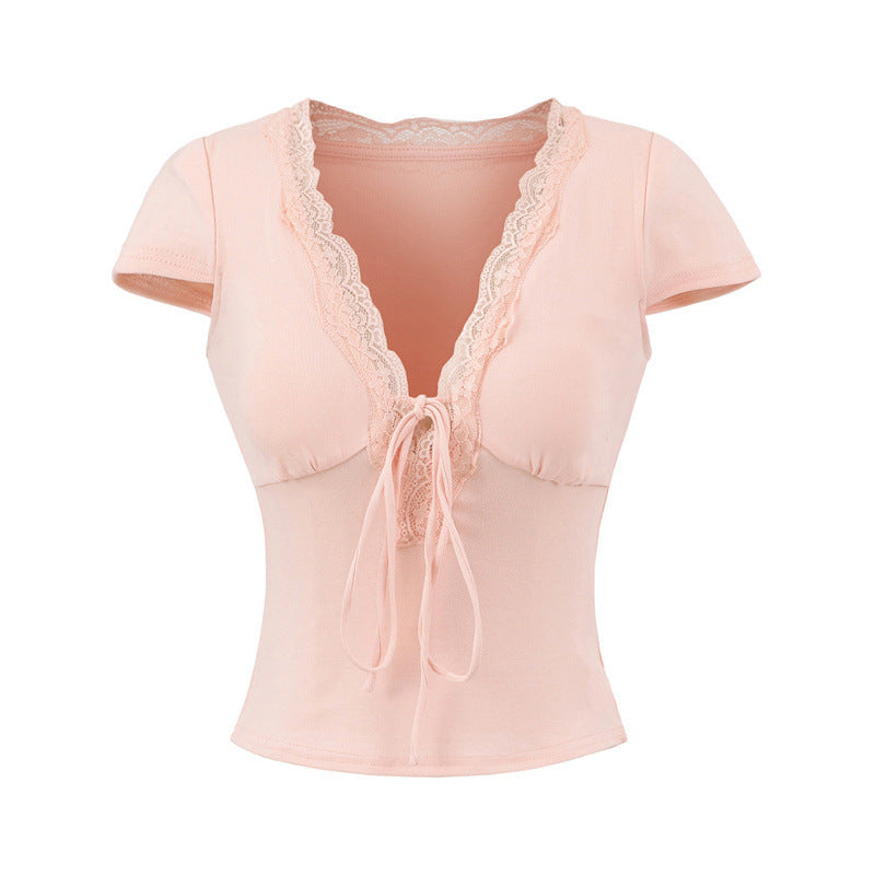 European And American Style Slim Chest Pad Lace V-neck Short Sleeve