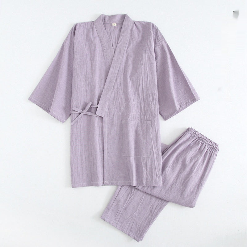 Gewaschener Pyjama-Anzug aus Baumwolle, dünn gestreift, japanischer Kimono-Hose für Herren und Damen, Homewear-Anzug