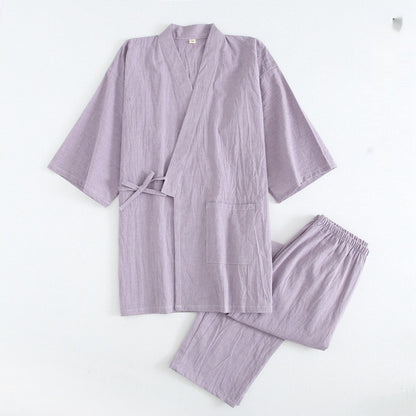 Gewaschener Pyjama-Anzug aus Baumwolle, dünn gestreift, japanischer Kimono-Hose für Herren und Damen, Homewear-Anzug