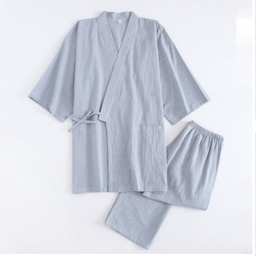 Gewaschener Pyjama-Anzug aus Baumwolle, dünn gestreift, japanischer Kimono-Hose für Herren und Damen, Homewear-Anzug