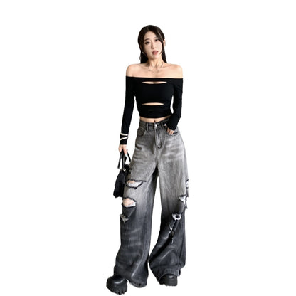 Gradient Color Big Ripped Hot Girl Wide Leg Jeans For Women - X2-Shopping