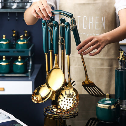 7-teiliges Küchenhelfer-Set aus Edelstahl und Silikon mit Schlitzspatel, Pfannenwender, Schöpfkelle, Servierlöffel, Pasta-Servierlöffel