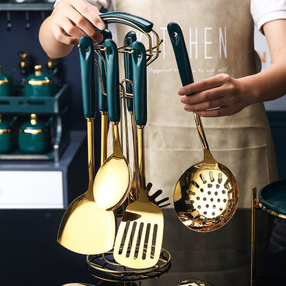 7-teiliges Küchenhelfer-Set aus Edelstahl und Silikon mit Schlitzspatel, Pfannenwender, Schöpfkelle, Servierlöffel, Pasta-Servierlöffel