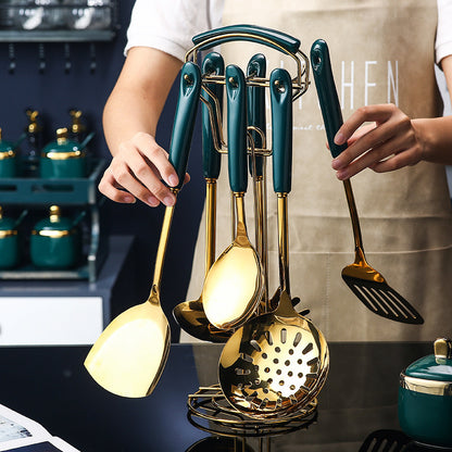 7-teiliges Küchenhelfer-Set aus Edelstahl und Silikon mit Schlitzspatel, Pfannenwender, Schöpfkelle, Servierlöffel, Pasta-Servierlöffel