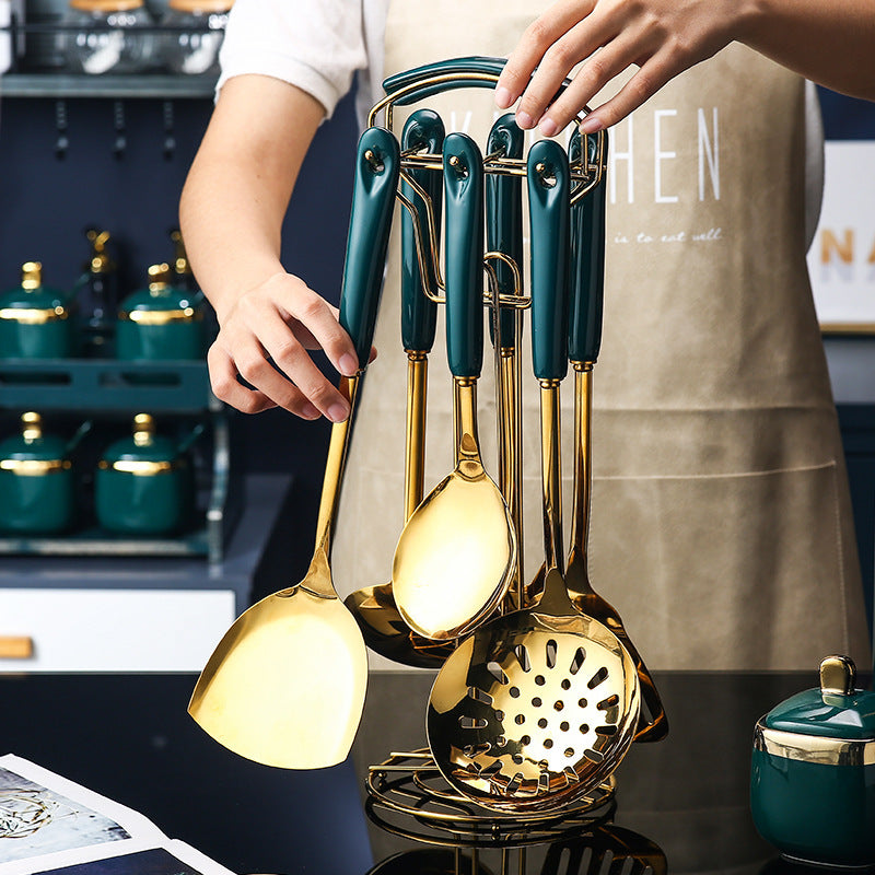 7-teiliges Küchenhelfer-Set aus Edelstahl und Silikon mit Schlitzspatel, Pfannenwender, Schöpfkelle, Servierlöffel, Pasta-Servierlöffel