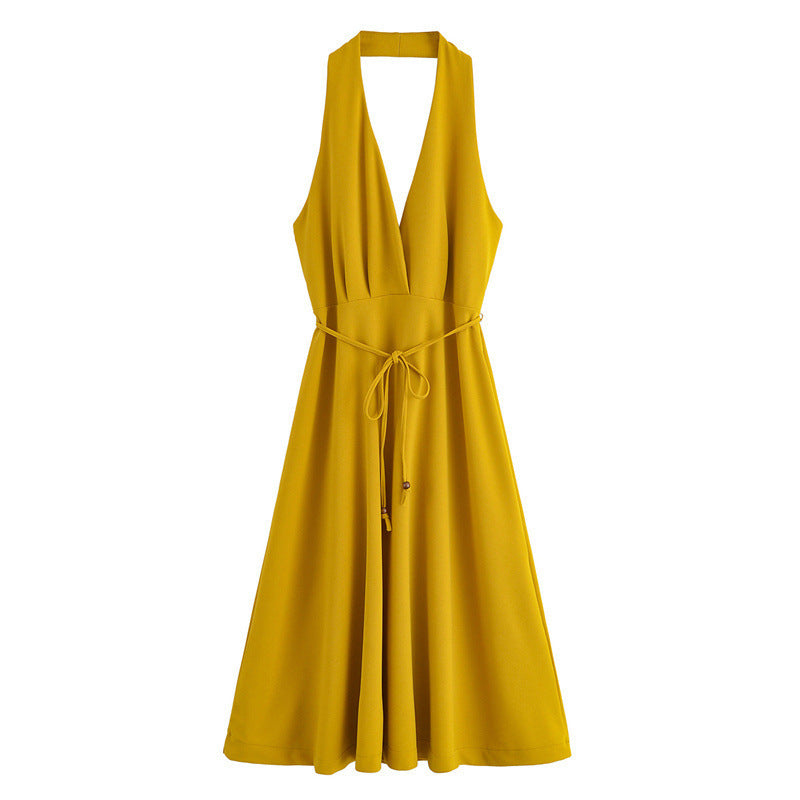 European And American Style Summer Lace-up Hanging Collar Sleeveless Dress