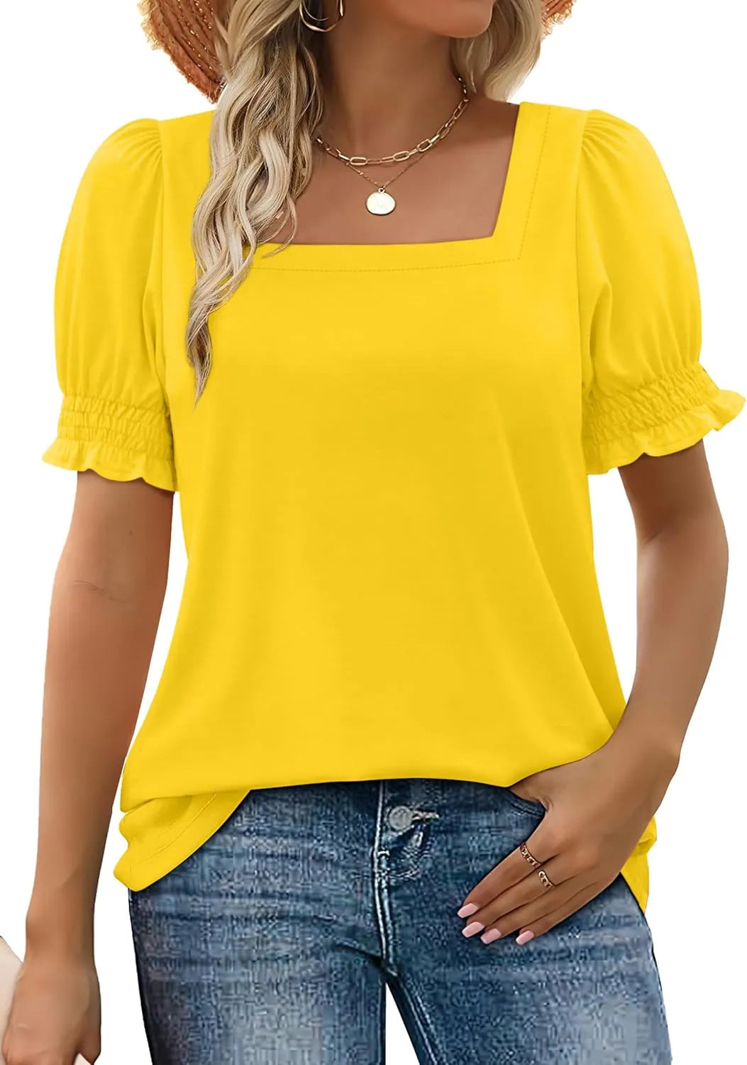 Spring And Summer New Fashion Simple U-neck Petal Sleeve Loose T-shirt - X2-Shopping