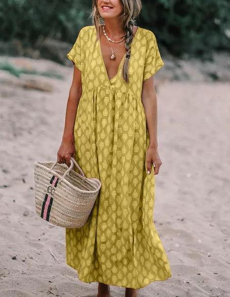 Female Water Drop Printed V-neck Wide Hem Loose Dress
