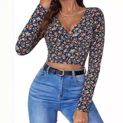 Women's Printed V-neck Top Long Sleeve