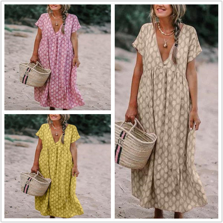 Female Water Drop Printed V-neck Wide Hem Loose Dress