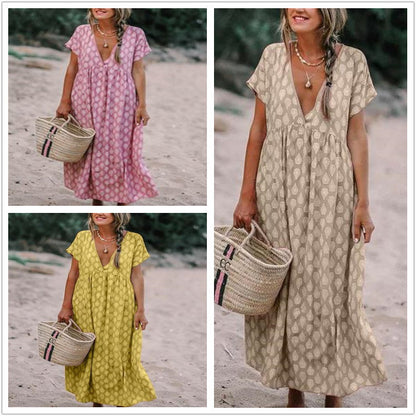 Female Water Drop Printed V-neck Wide Hem Loose Dress