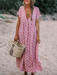 Female Water Drop Printed V-neck Wide Hem Loose Dress