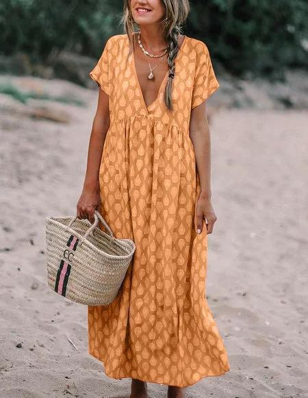 Female Water Drop Printed V-neck Wide Hem Loose Dress