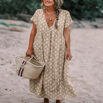 Female Water Drop Printed V-neck Wide Hem Loose Dress