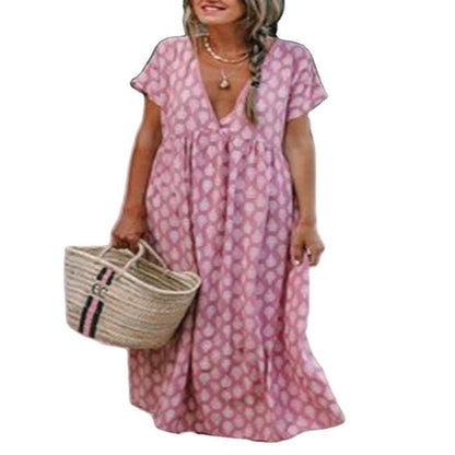 Female Water Drop Printed V-neck Wide Hem Loose Dress