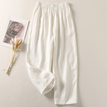 Cotton And Linen Casual Elastic Waist Loose Cropped Pants