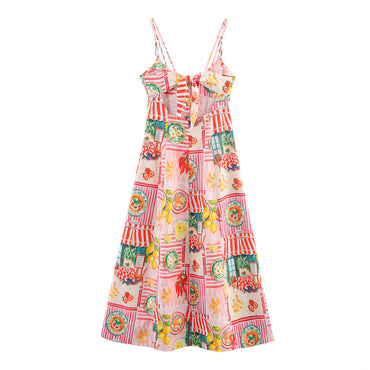 Summer Linen Blend Patchwork Printed Midi Skirt Sling Dress