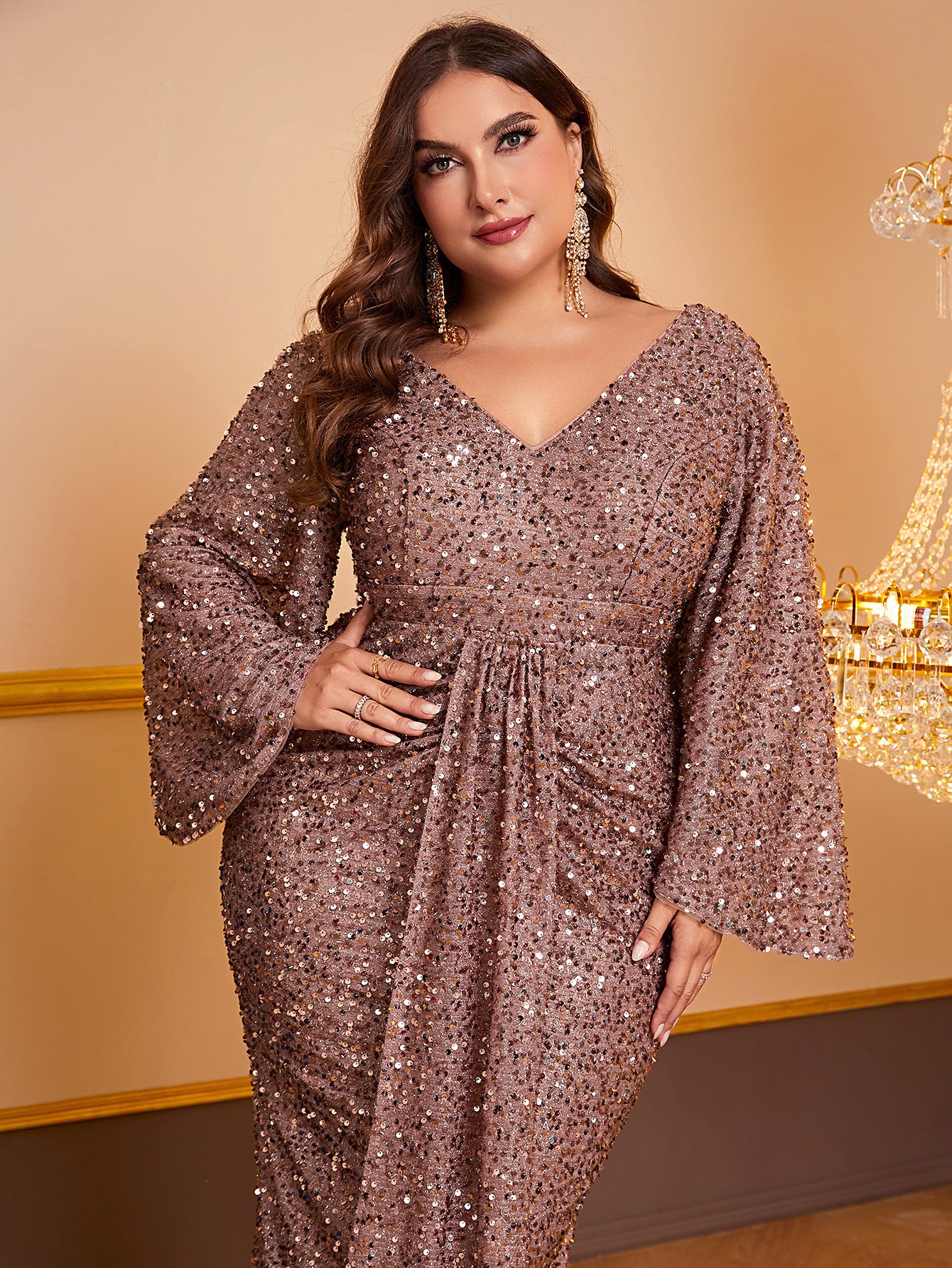 Women's Sequin Long Sleeved V-neck Pleated Dress - X2-Shopping
