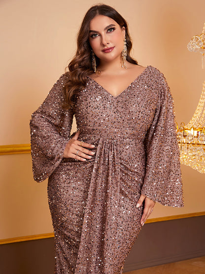 Women's Sequin Long Sleeved V-neck Pleated Dress - X2-Shopping