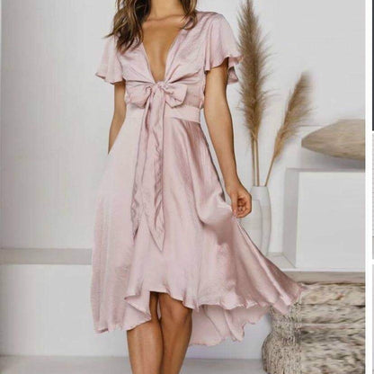 V-neck Temperament Irregular Lace-up Dress - X2-Shopping