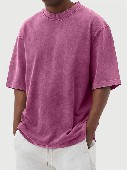 Men's Washed Fried Color Distressed Solid Color Pullover Short T-shirt