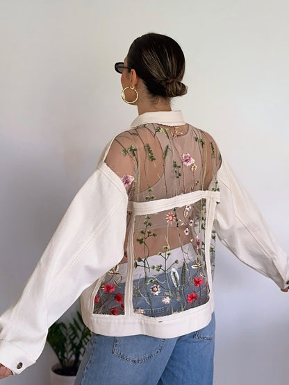 White Denim Cropped Jacket With Floral - Embroidered Sheer Back