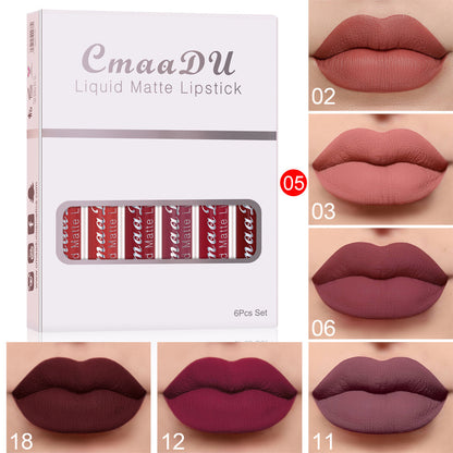 6 Boxen mit mattem, antihaftbeschichtetem, wasserfestem Lippenstift und lang anhaltendem Lipgloss