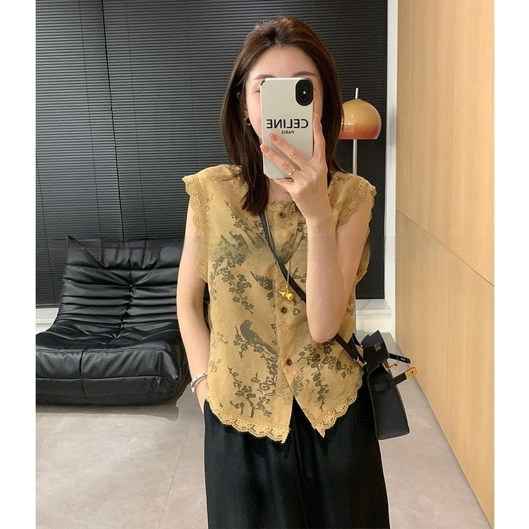 Fashion Chinese Style Traditional Lace Thin Sleeveless Retro Vest