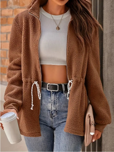 Women's 2024 Autumn Winter Casual Loose-Fit Long Sleeve Jacket With Adjustable Drawstring Waist