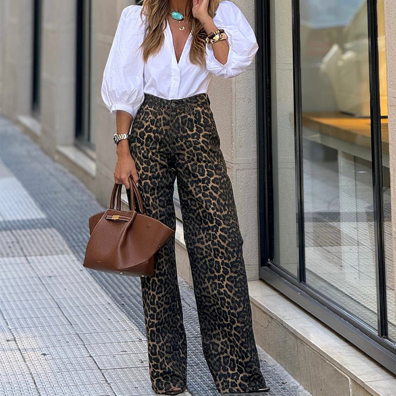 Women's Fashion Temperament Leopard Print Straight Casual Trousers - X2-Shopping