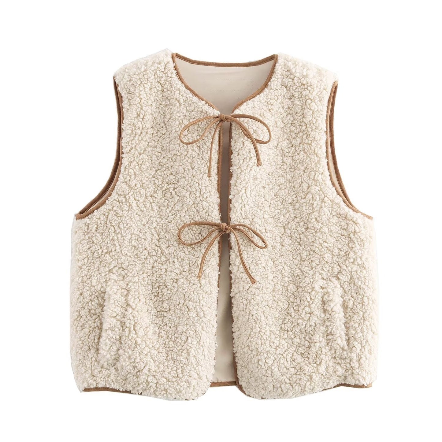 Sleeveless Lace-up Lambswool Vest For Women
