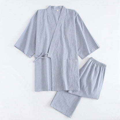 Gewaschener Pyjama-Anzug aus Baumwolle, dünn gestreift, japanischer Kimono-Hose für Herren und Damen, Homewear-Anzug