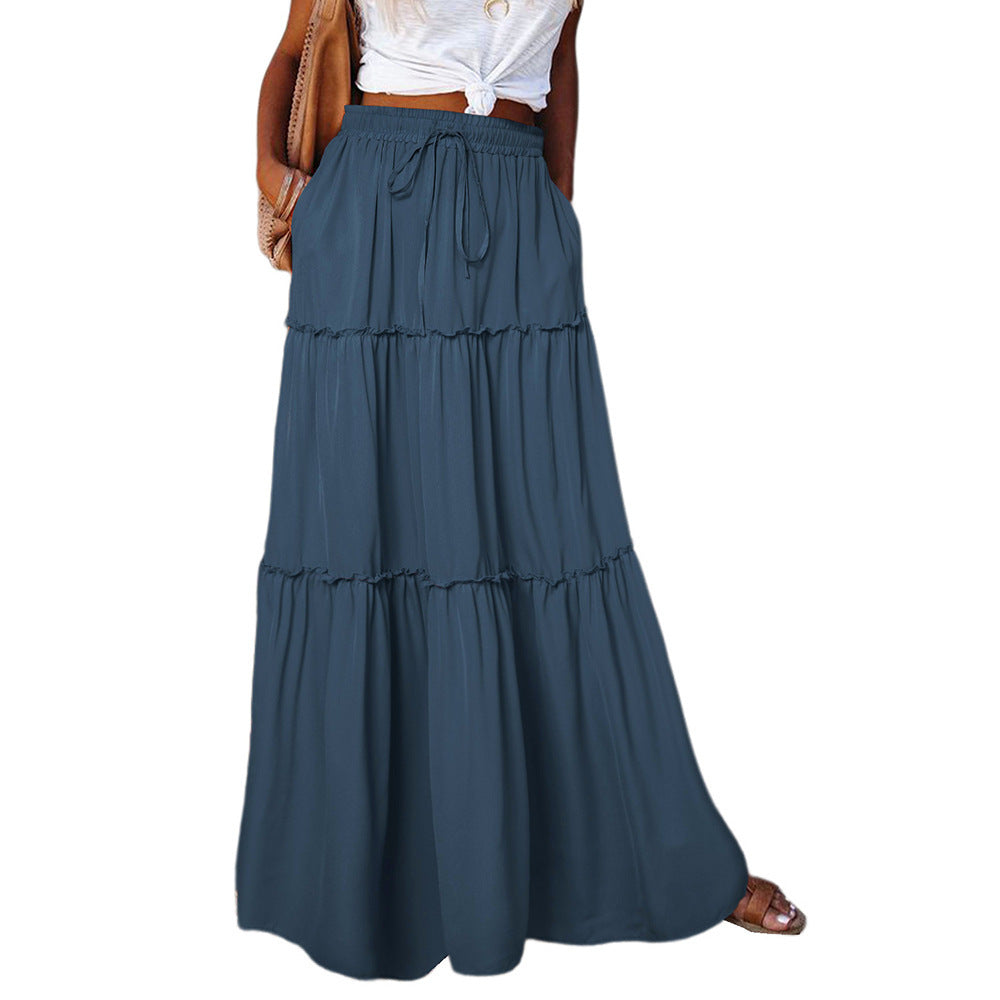 Women's Layered High Waist Elastic Lace-up Skirt With Wooden Ears - X2-Shopping