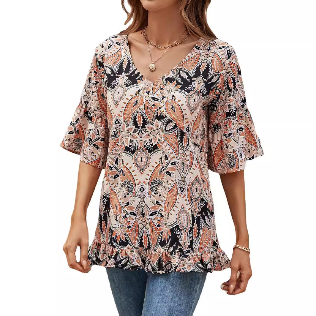 V-neck Printed T-shirt Casual Bell Sleeve Top - X2-Shopping