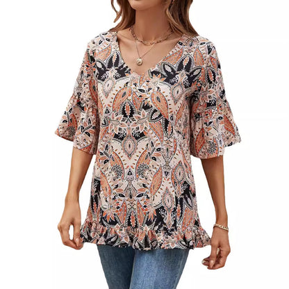 V-neck Printed T-shirt Casual Bell Sleeve Top - X2-Shopping