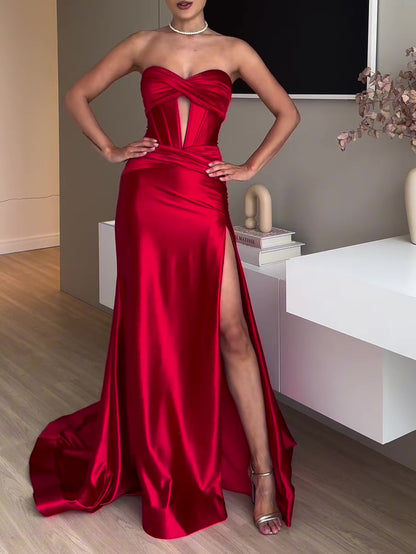 Tube Top Slit Red Extra Long Evening Dress - X2-Shopping