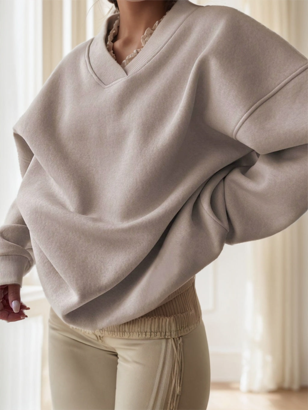 Women's Solid Color Oversized Drop Shoulder Sweatshirt - X2-Shopping